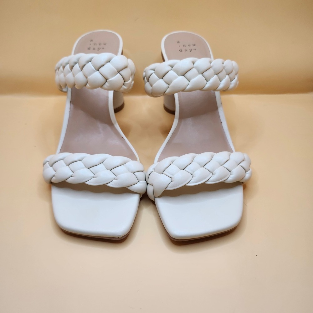 A New Day‎ Heeled Sandals Braided Straps Block Heel Square Toe Off White Size 9 - Picture 3 of 7